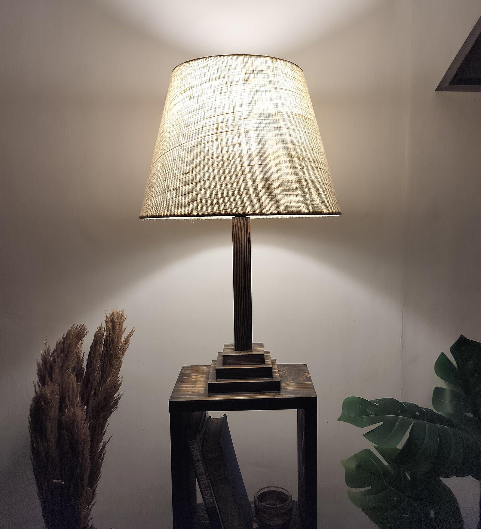 Ebenezer Wooden Floor Lamp with Brown Base and Beige Fabric Lampshade - WoodenTwist