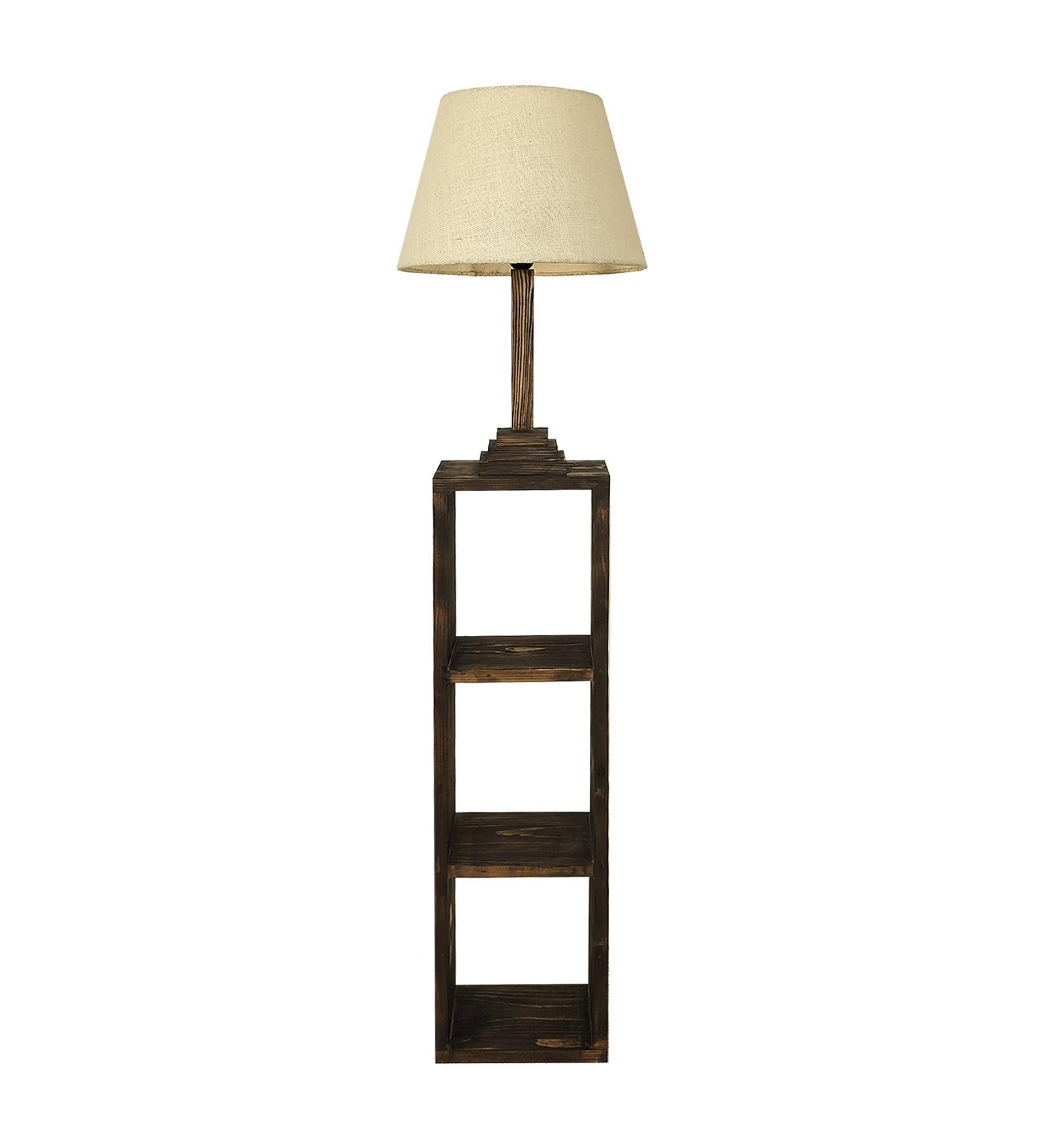 Ebenezer Wooden Floor Lamp with Brown Base and Beige Fabric Lampshade - WoodenTwist