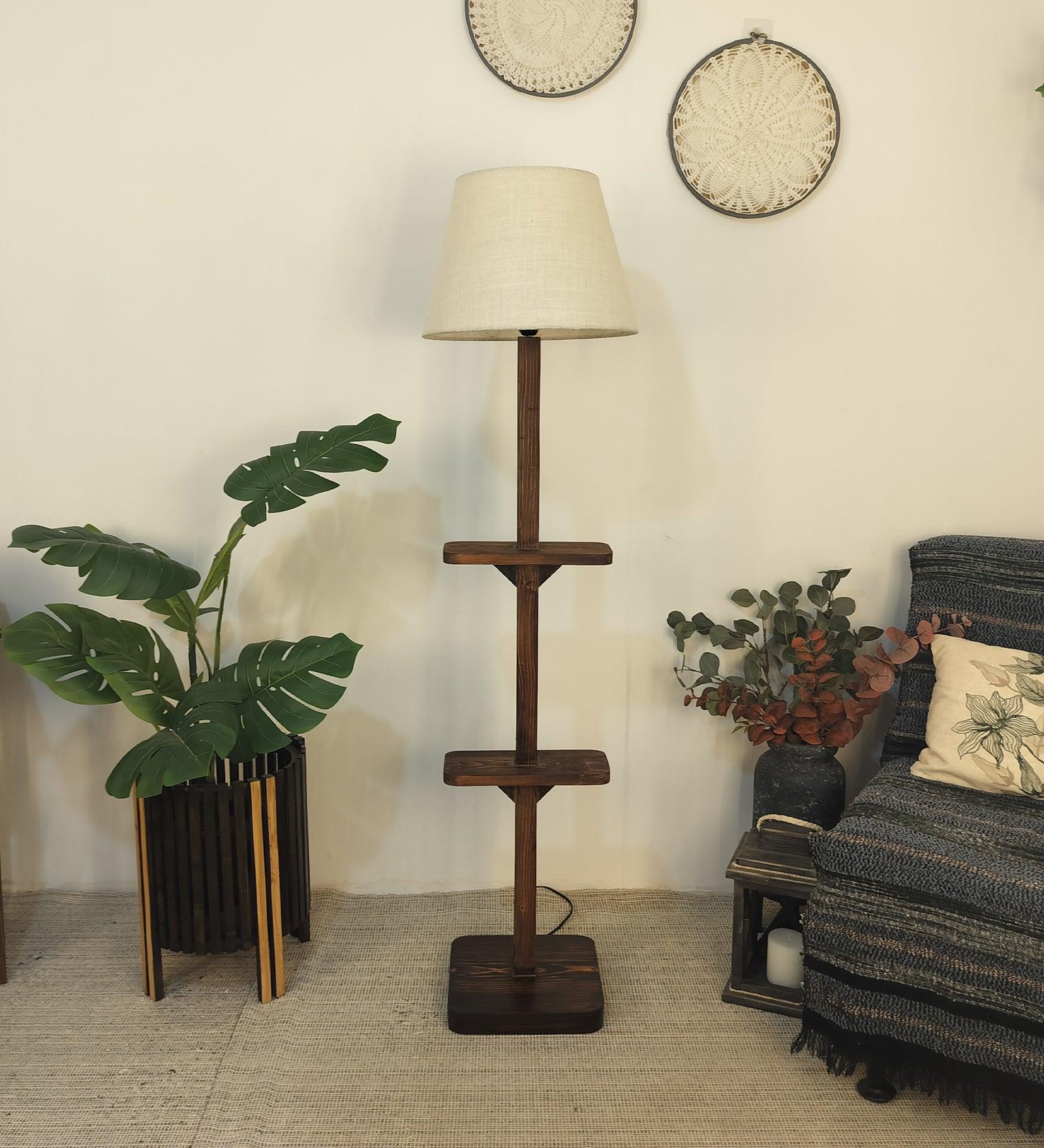 Elania Wooden Floor Lamp with Brown Base and Beige Fabric Lampshade - WoodenTwist