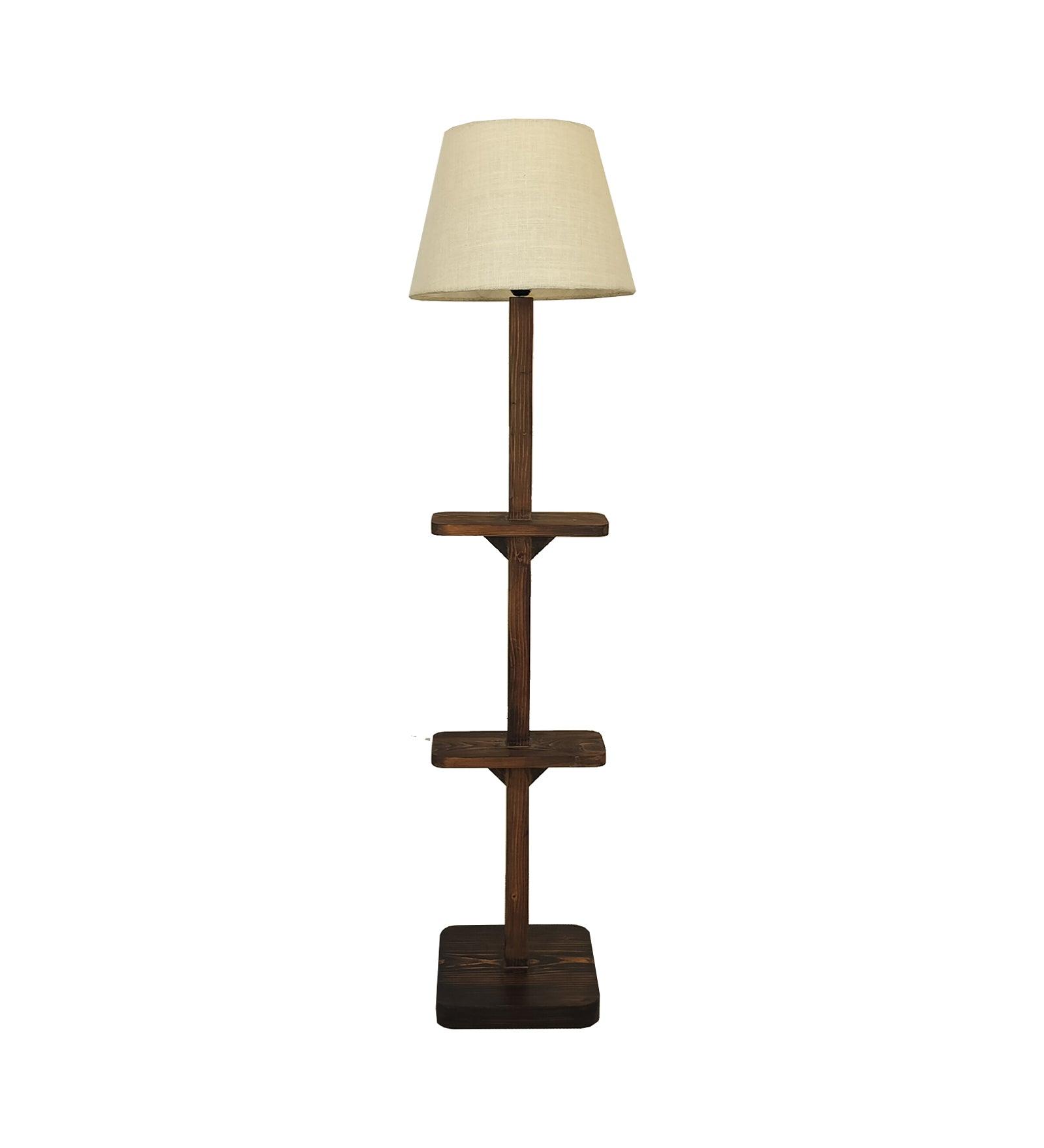 Elania Wooden Floor Lamp with Brown Base and Beige Fabric Lampshade - WoodenTwist