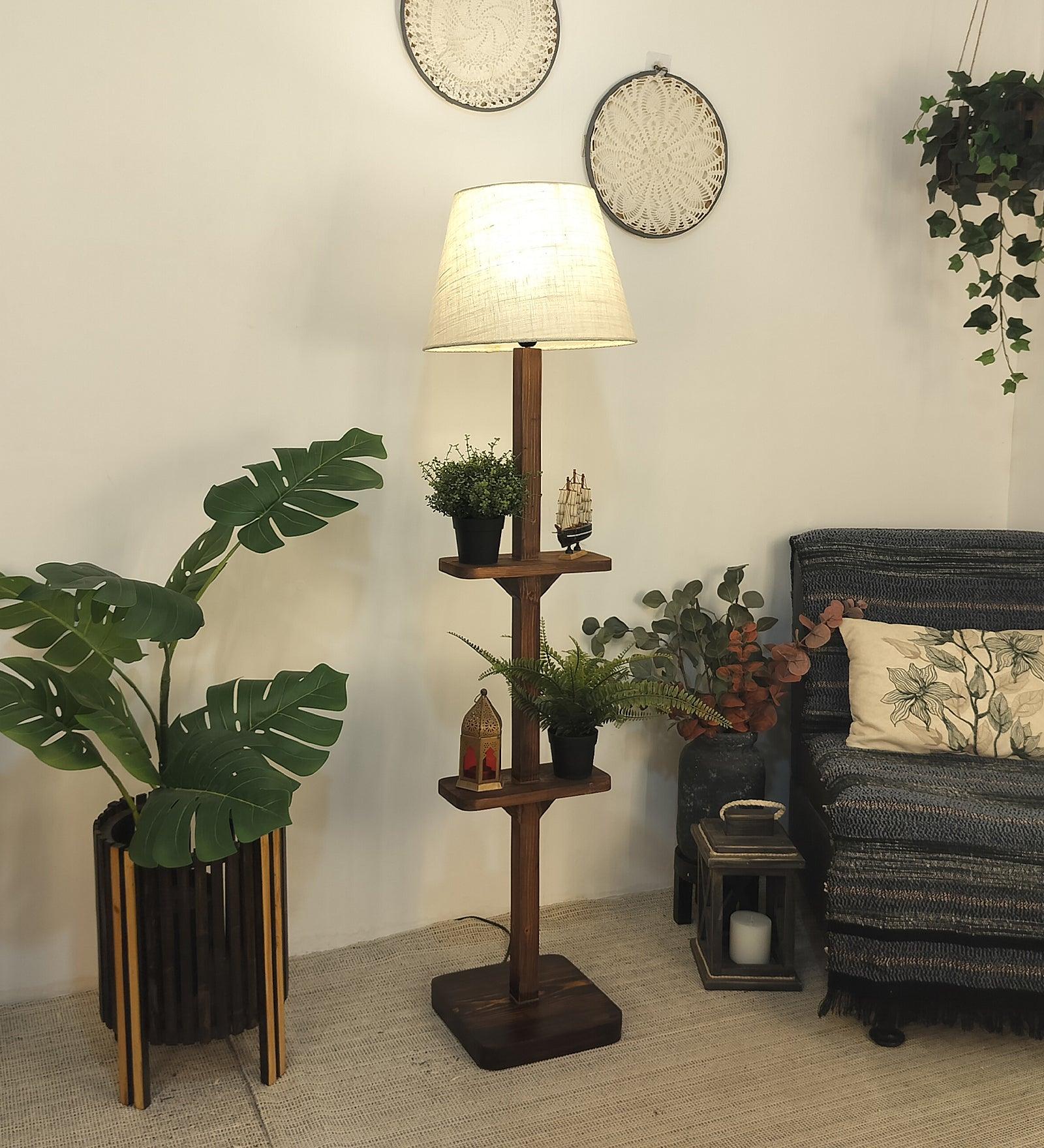 Elania Wooden Floor Lamp with Brown Base and Beige Fabric Lampshade - WoodenTwist