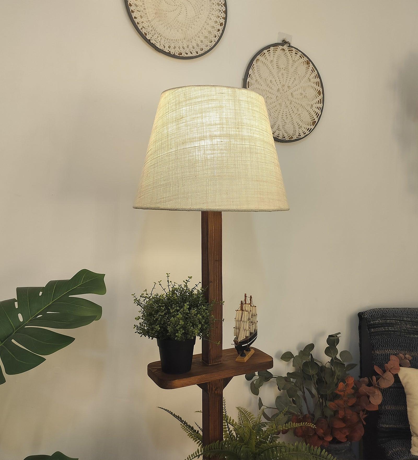 Elania Wooden Floor Lamp with Brown Base and Beige Fabric Lampshade - WoodenTwist