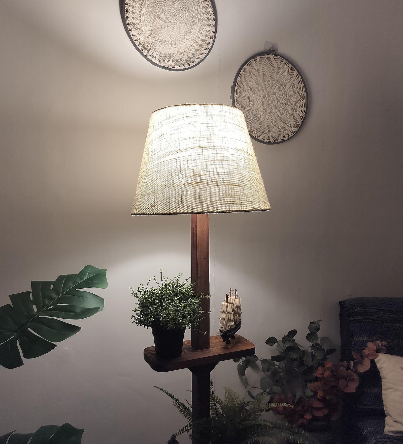 Elania Wooden Floor Lamp with Brown Base and Beige Fabric Lampshade - WoodenTwist