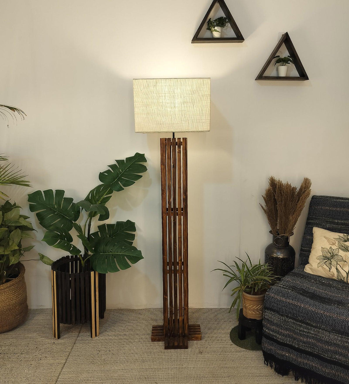 Elegant Wooden Floor Lamp with Brown Base and Beige Fabric Lampshade - WoodenTwist