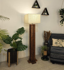 Elegant Wooden Floor Lamp with Brown Base and Beige Fabric Lampshade - WoodenTwist