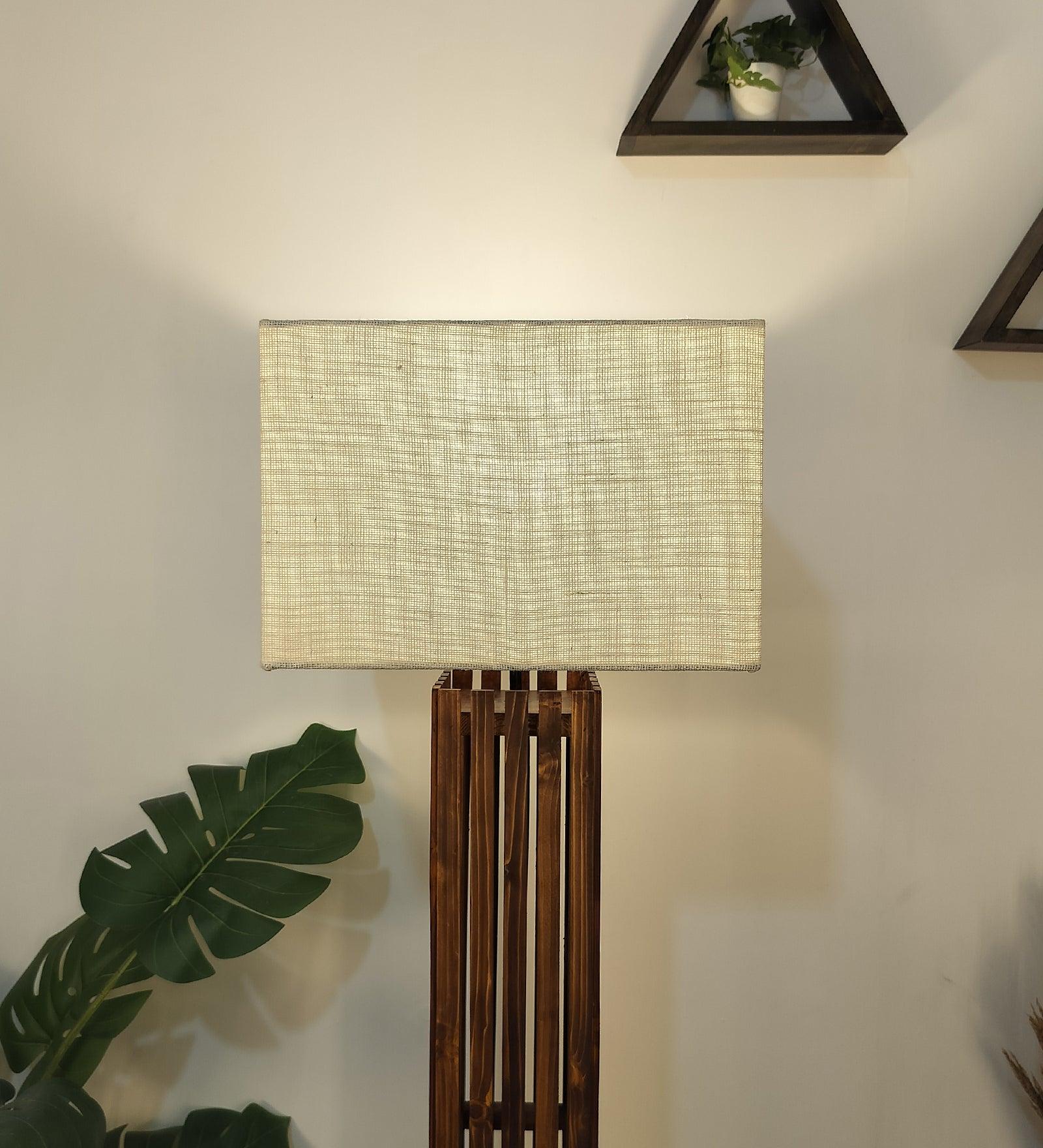 Elegant Wooden Floor Lamp with Brown Base and Beige Fabric Lampshade - WoodenTwist