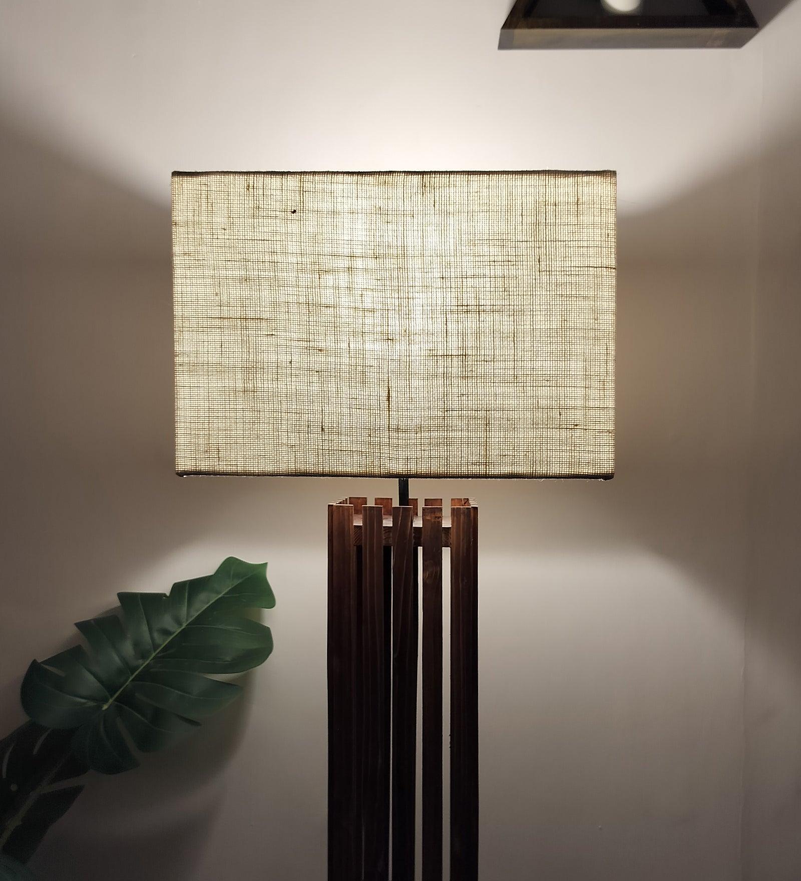 Elegant Wooden Floor Lamp with Brown Base and Beige Fabric Lampshade - WoodenTwist