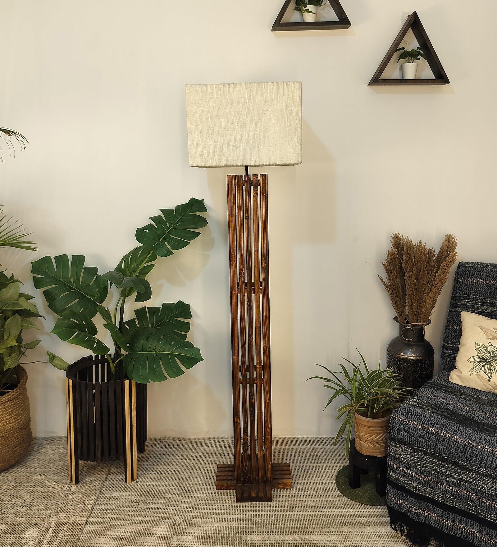 Elegant Wooden Floor Lamp with Brown Base and Beige Fabric Lampshade - WoodenTwist