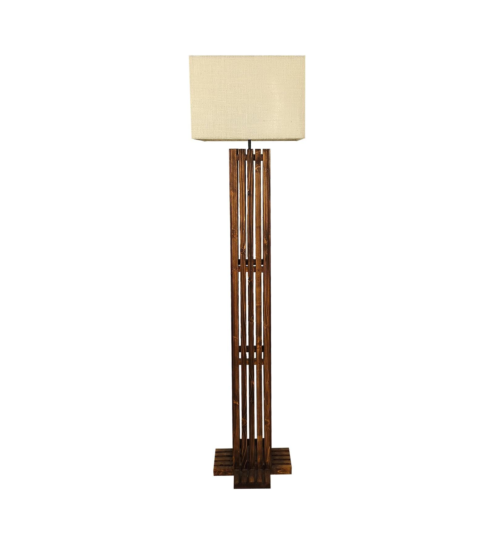 Elegant Wooden Floor Lamp with Brown Base and Beige Fabric Lampshade - WoodenTwist