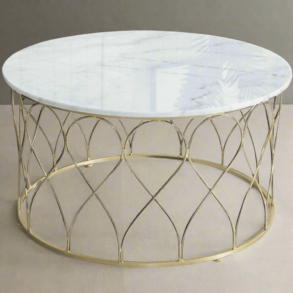 Wooden Twist Eivin Stylish Marble Finish Laminated Top Wrought Iron Coffee Table for Modern Living Room Decor - WoodenTwist