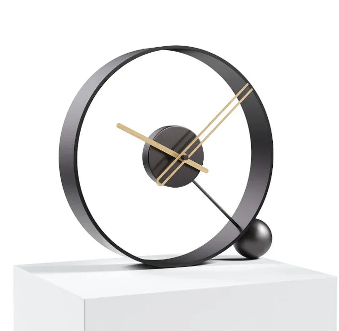 A table clock suspended in a ring