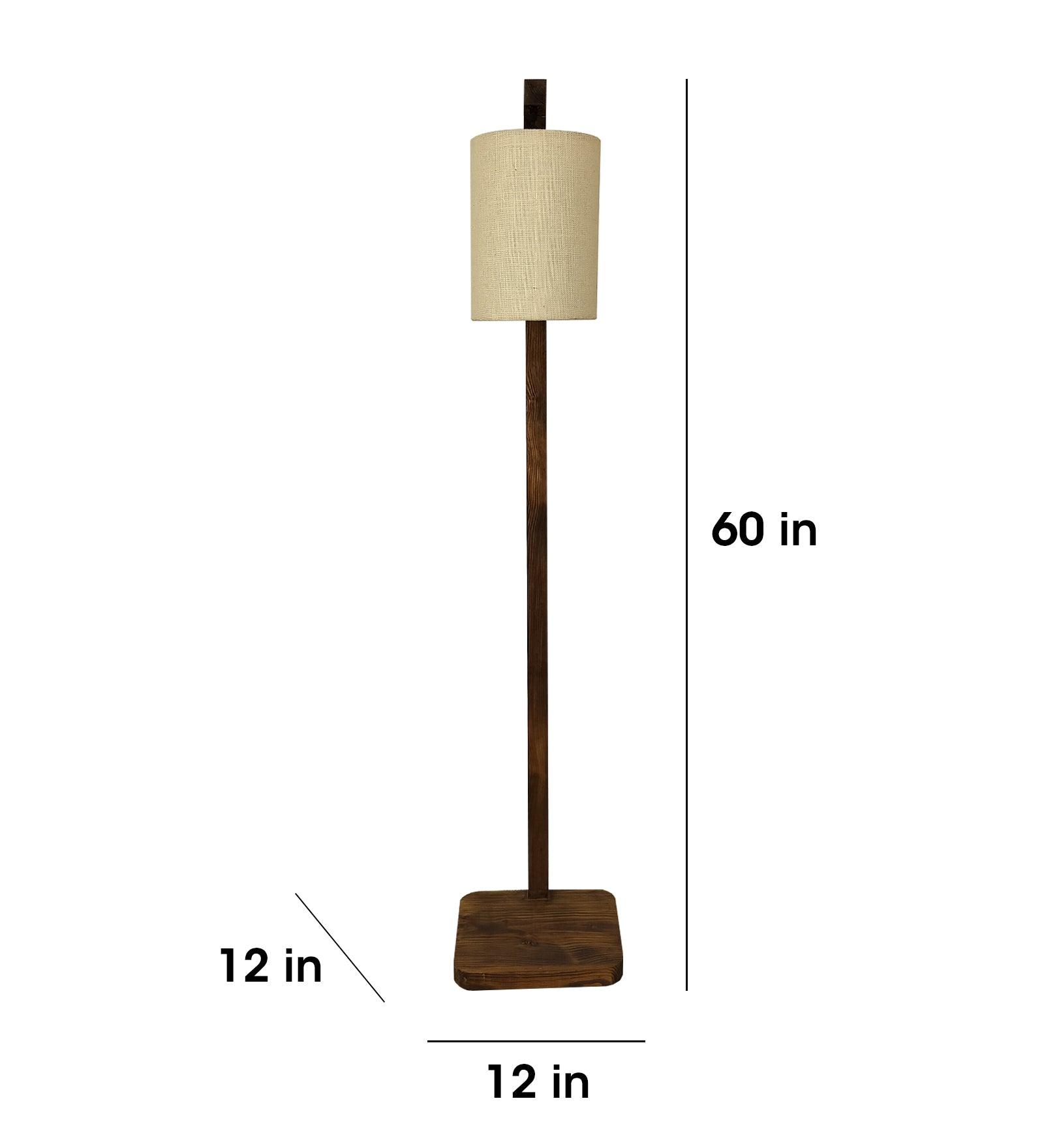 Elementary Wooden Floor Lamp with Brown Base and White Fabric Lampshade - WoodenTwist