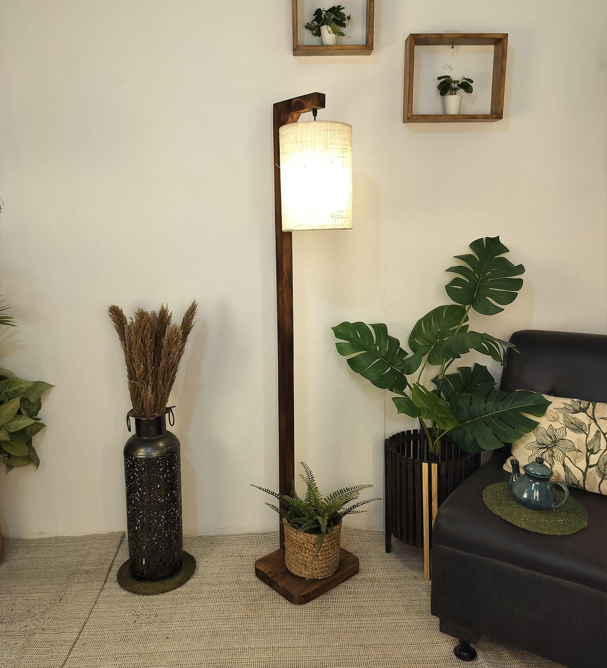 Elementary Wooden Floor Lamp with Brown Base and White Fabric Lampshade - WoodenTwist