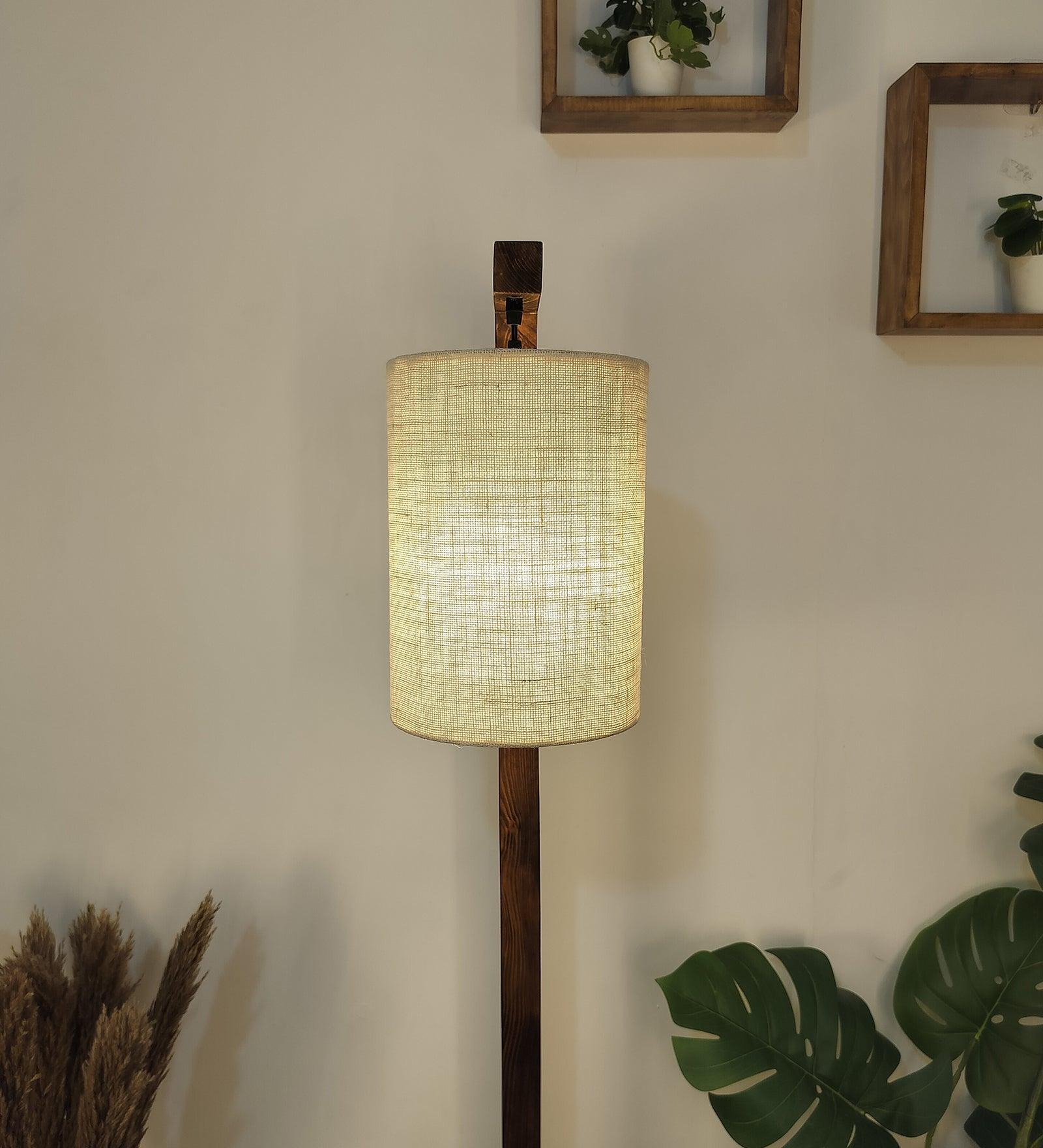 Elementary Wooden Floor Lamp with Brown Base and White Fabric Lampshade - WoodenTwist