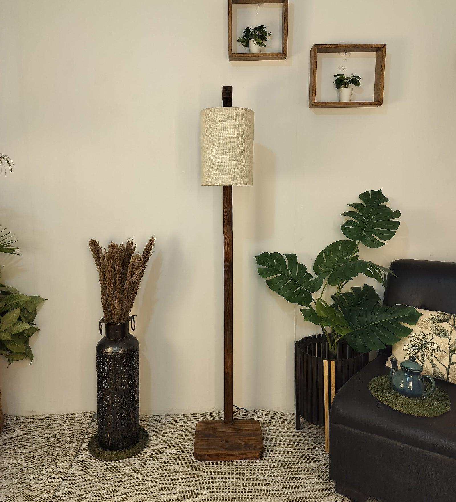 Elementary Wooden Floor Lamp with Brown Base and White Fabric Lampshade - WoodenTwist