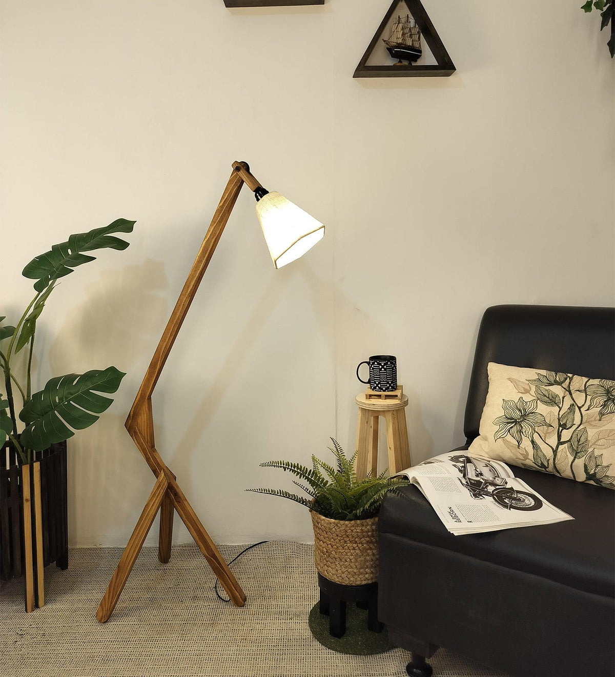 Emphasis Wooden Floor Lamp with Brown Base and Beige Fabric Lampshade - WoodenTwist