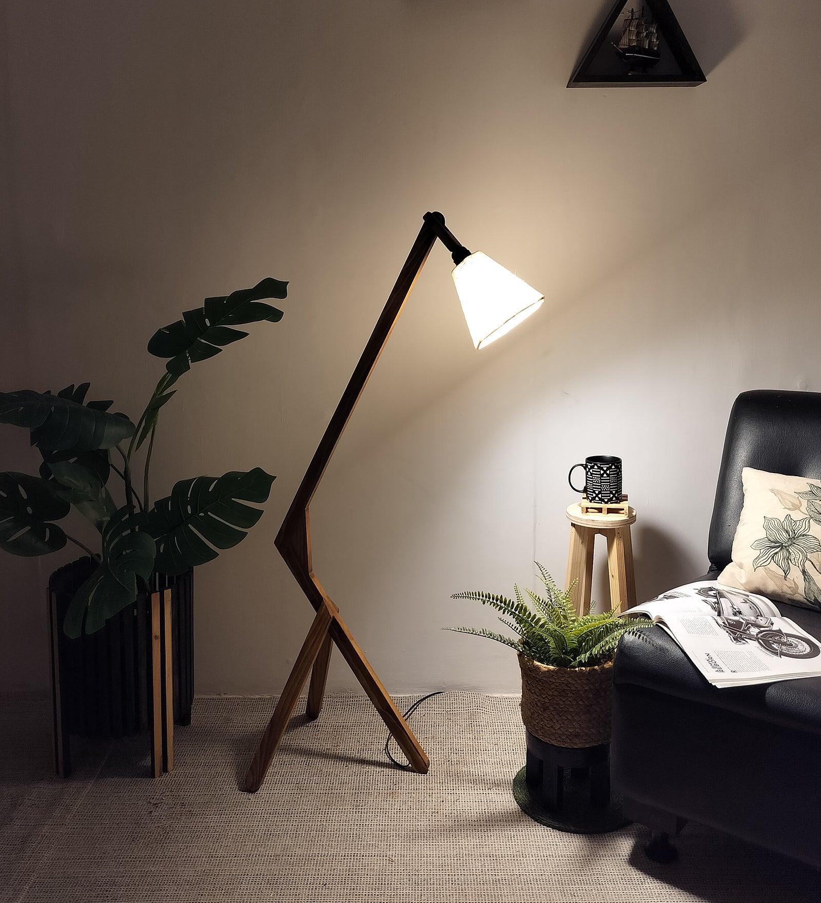 Emphasis Wooden Floor Lamp with Brown Base and Beige Fabric Lampshade - WoodenTwist