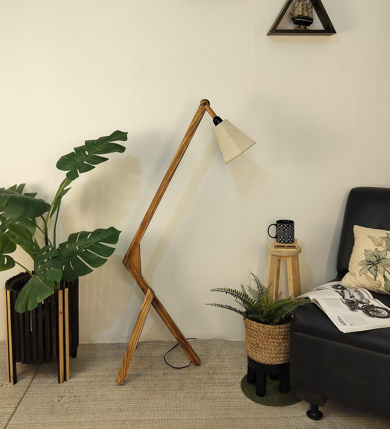 Emphasis Wooden Floor Lamp with Brown Base and Beige Fabric Lampshade - WoodenTwist