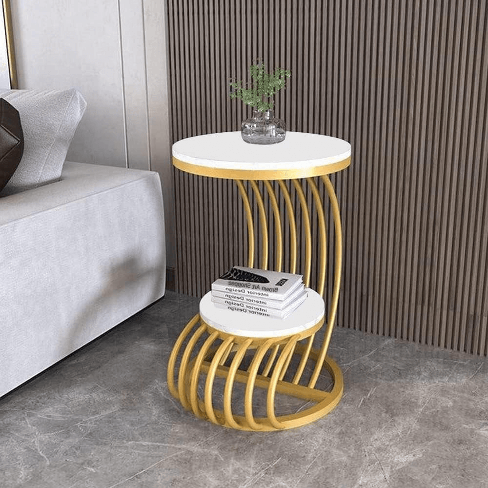 Wooden Twist Crxxz Stylish Metal Base Marble Finish Laminated Top End Table (Golden & White) - WoodenTwist