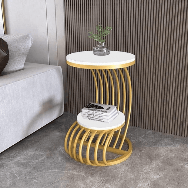 Wooden Twist Crxxz Stylish Metal Base Marble Finish Laminated Top End Table (Golden & White) - WoodenTwist