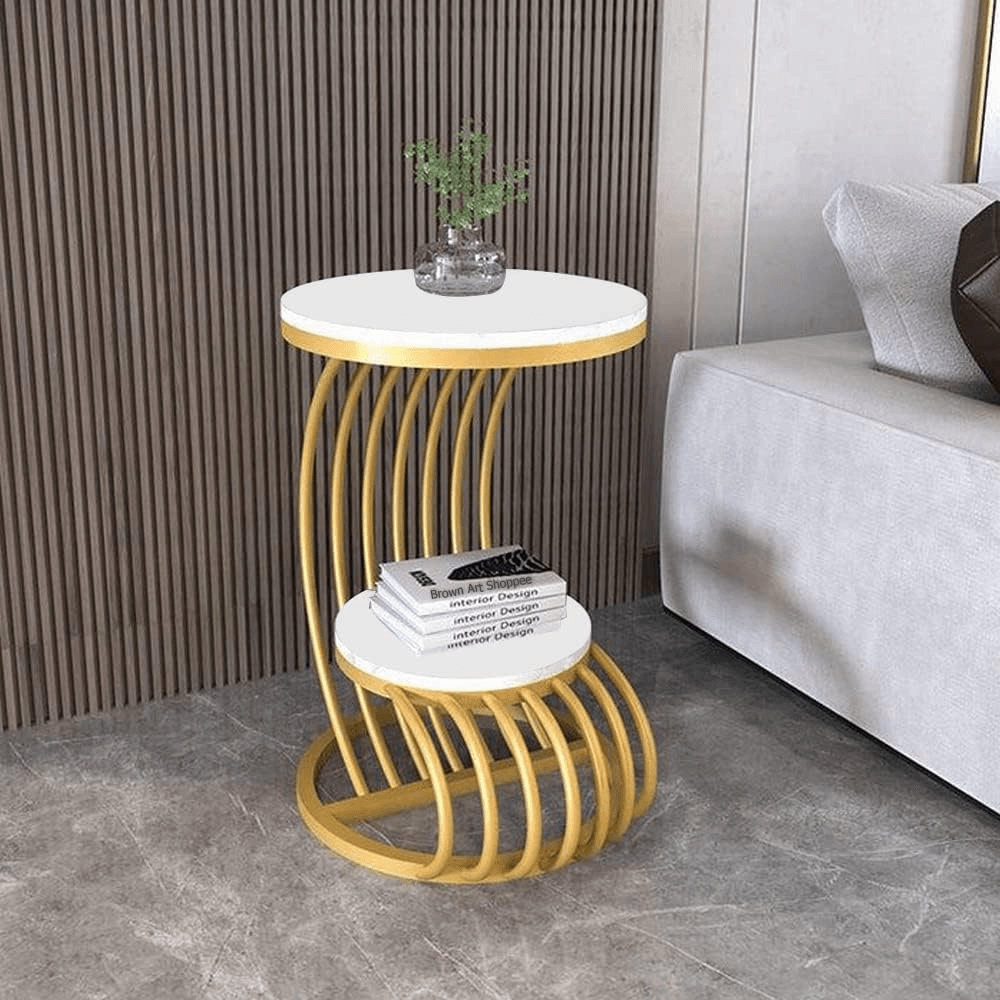Wooden Twist Crxxz Stylish Metal Base Marble Finish Laminated Top End Table (Golden & White) - WoodenTwist