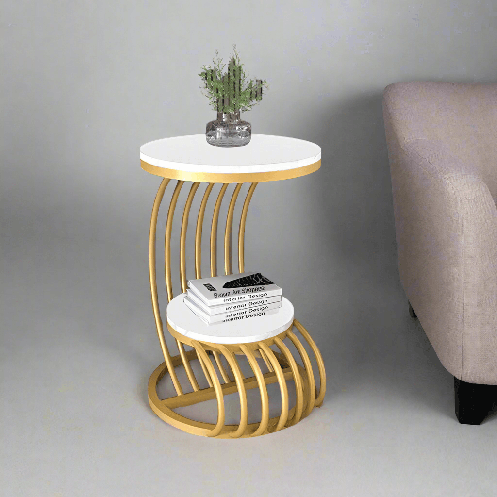 Wooden Twist Crxxz Stylish Metal Base Marble Finish Laminated Top End Table (Golden & White) - WoodenTwist