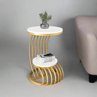 Wooden Twist Crxxz Stylish Metal Base Marble Finish Laminated Top End Table (Golden & White) - WoodenTwist
