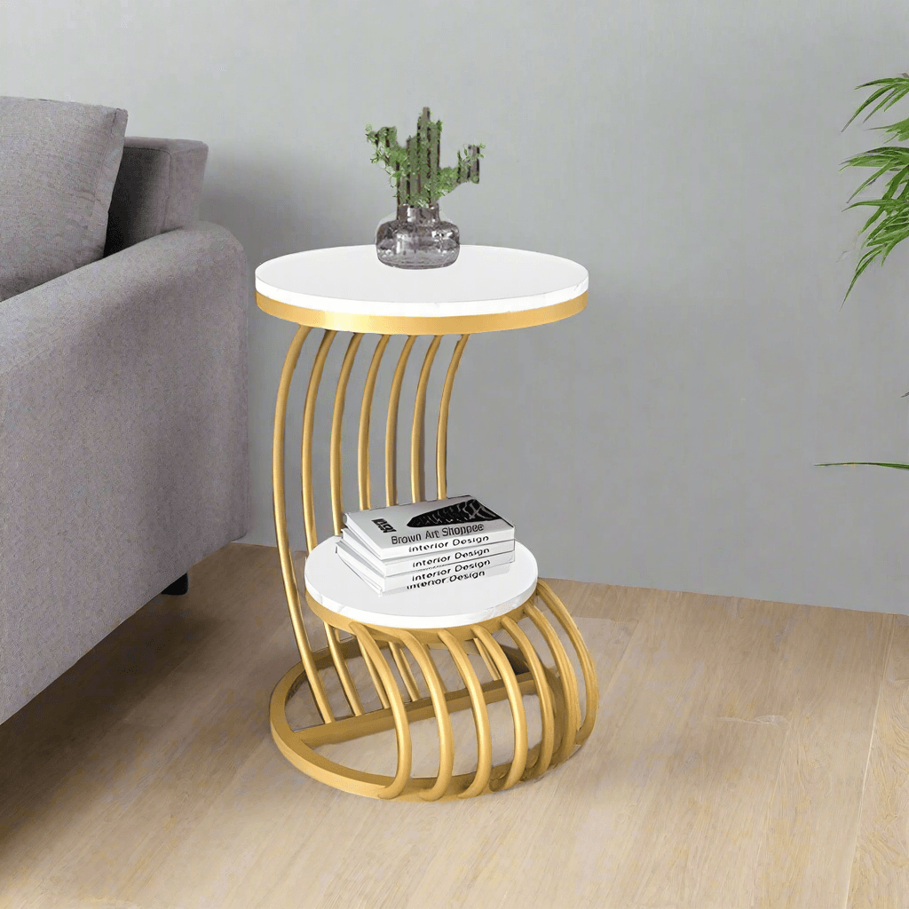 Wooden Twist Crxxz Stylish Metal Base Marble Finish Laminated Top End Table (Golden & White) - WoodenTwist