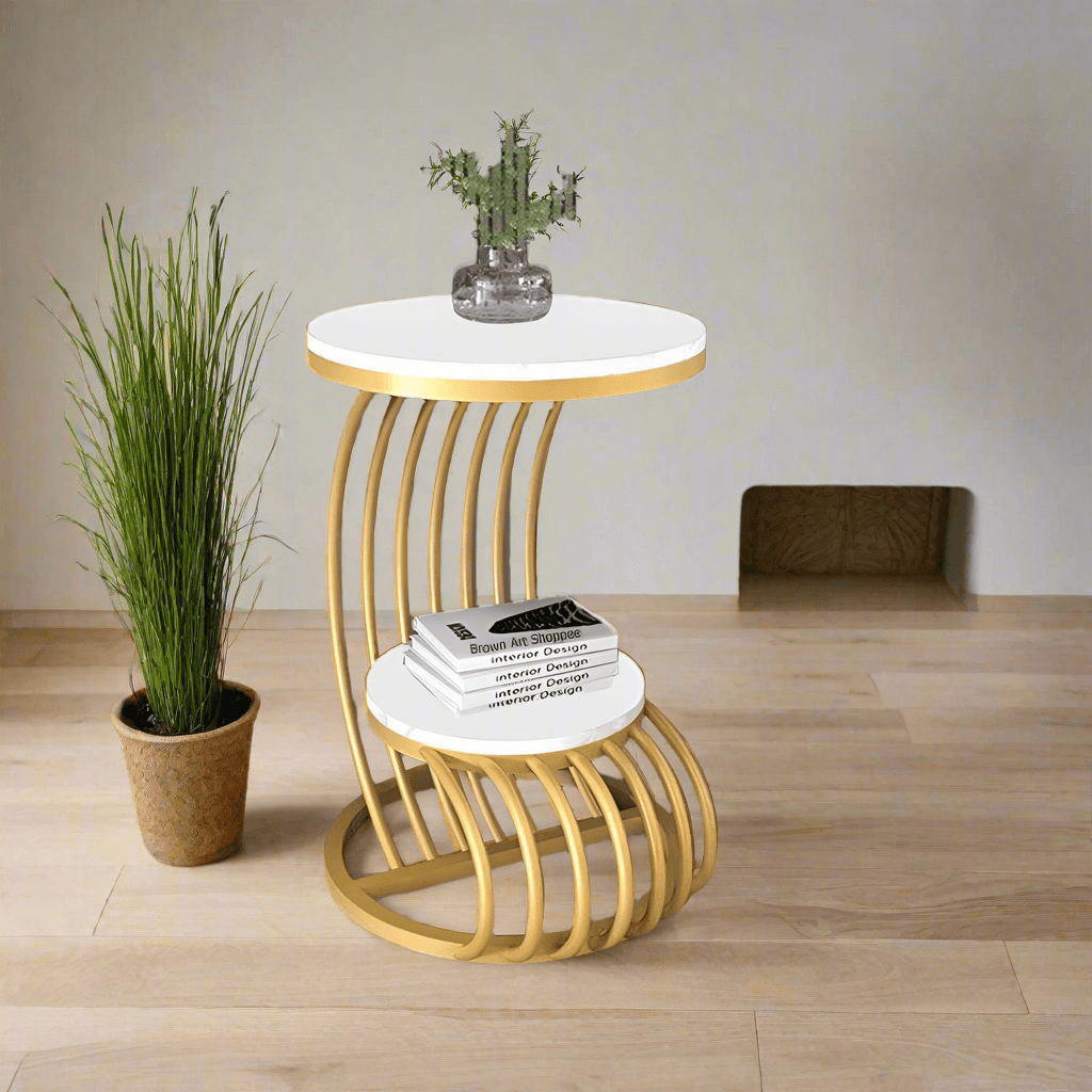 Wooden Twist Crxxz Stylish Metal Base Marble Finish Laminated Top End Table (Golden & White) - WoodenTwist