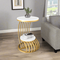 Wooden Twist Crxxz Stylish Metal Base Marble Finish Laminated Top End Table (Golden & White) - WoodenTwist