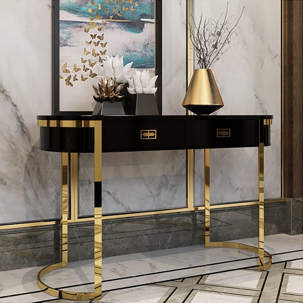 Luxurious Oval Console Table with Black Glass Top and 2 Drawers - Modern Design (Golden) - WoodenTwist