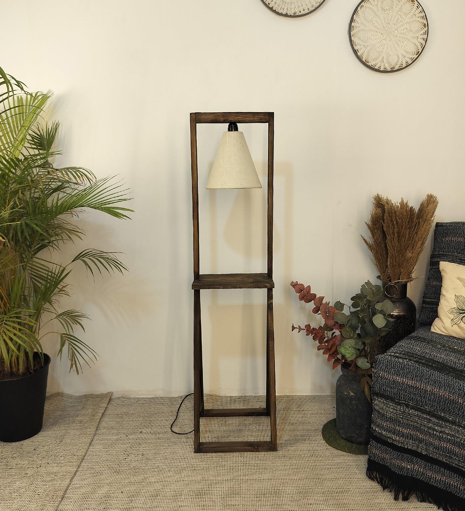 Euphoria Wooden Floor Lamp with Brown Base and Beige Fabric Lampshade - WoodenTwist