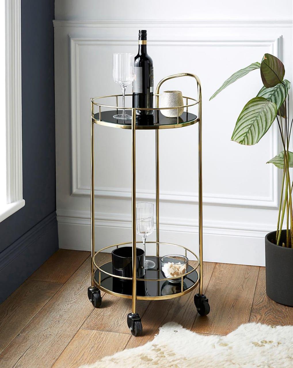 Luxurious Round Trolley with Black Glass Top