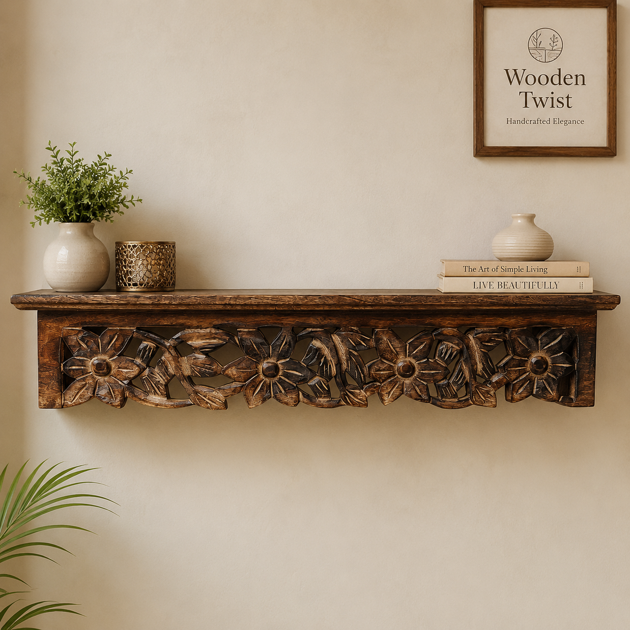 Hand Carved Wooden Wall Shelf with Jali Work for Living Room