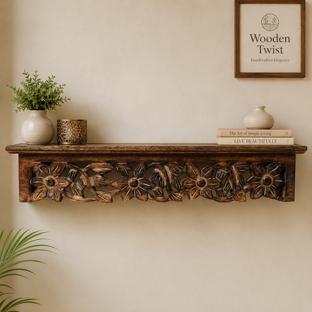 Hand Carved Wooden Wall Shelf with Jali Work for Living Room