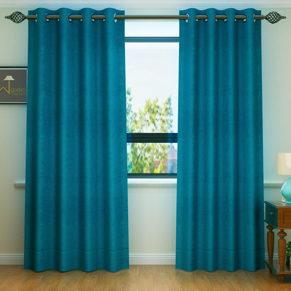 Blue jute curtains that filter the light
