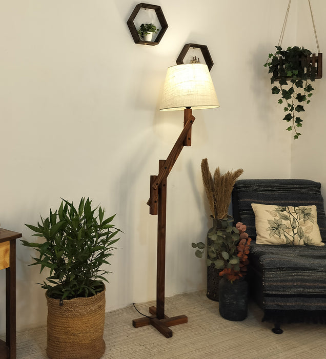 Flamingo Wooden Floor Lamp with Brown Base and Beige Fabric Lampshade - WoodenTwist