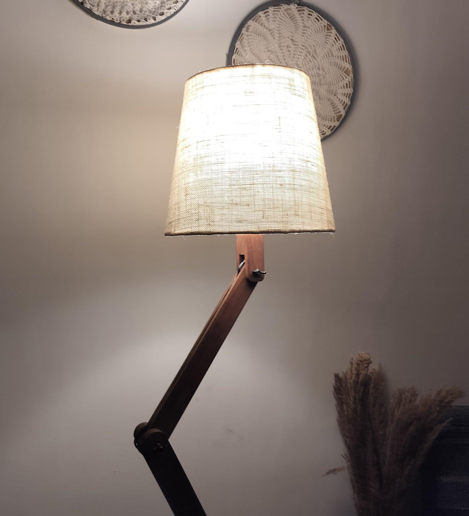 Flex Wooden Floor Lamp with Brown Base and Beige Fabric Lampshade - WoodenTwist