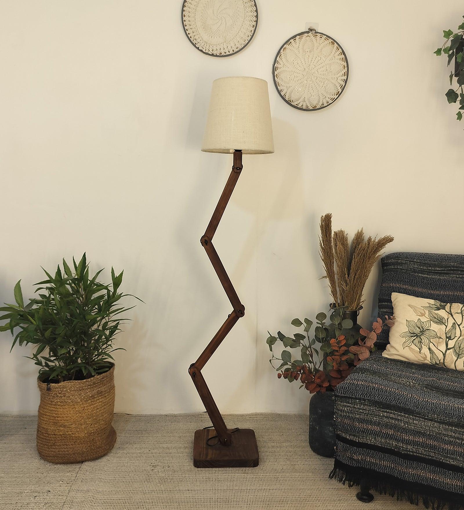 Flex Wooden Floor Lamp with Brown Base and Beige Fabric Lampshade - WoodenTwist