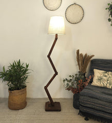 Flex Wooden Floor Lamp with Brown Base and Beige Fabric Lampshade - WoodenTwist