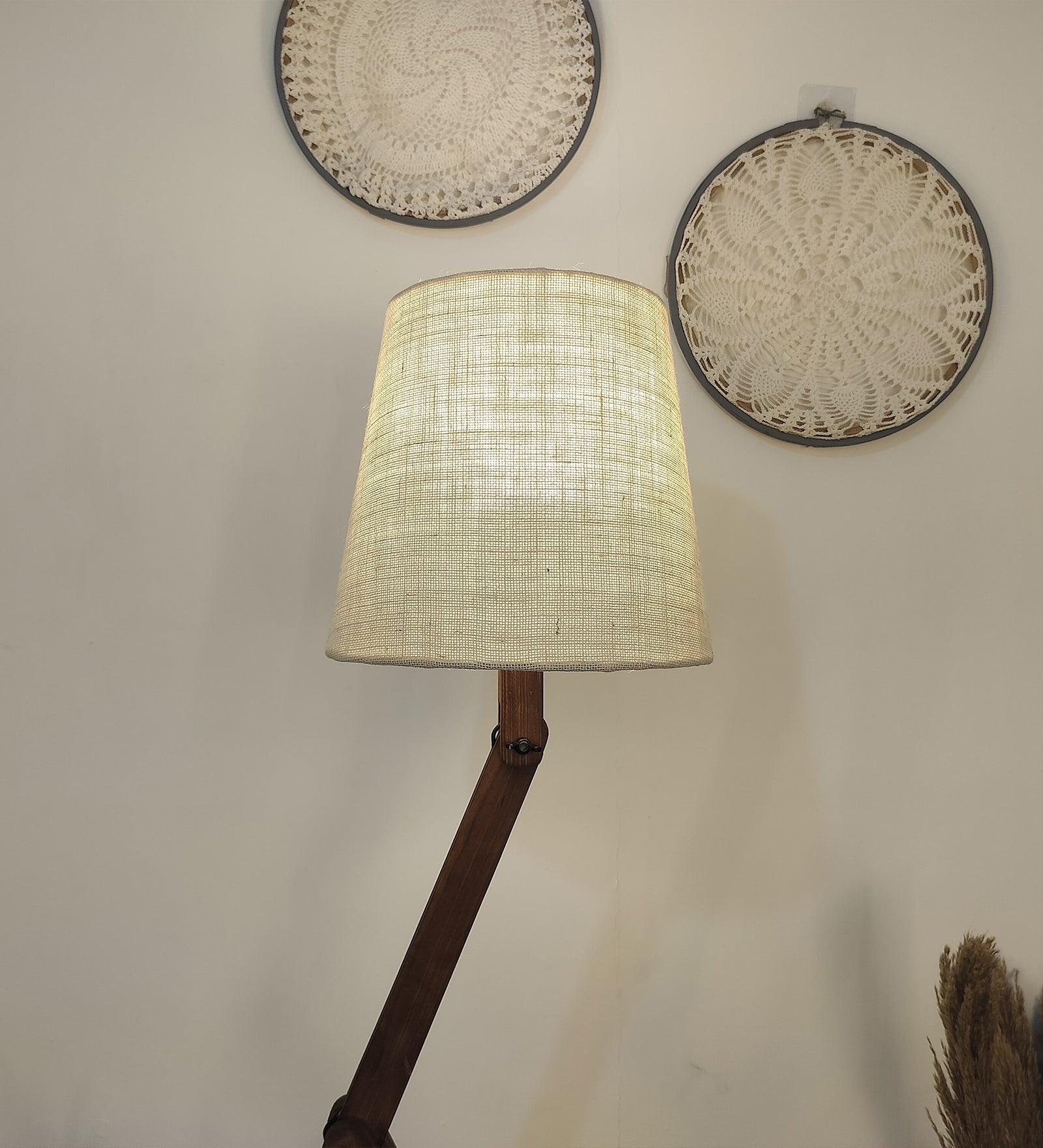 Flex Wooden Floor Lamp with Brown Base and Beige Fabric Lampshade - WoodenTwist