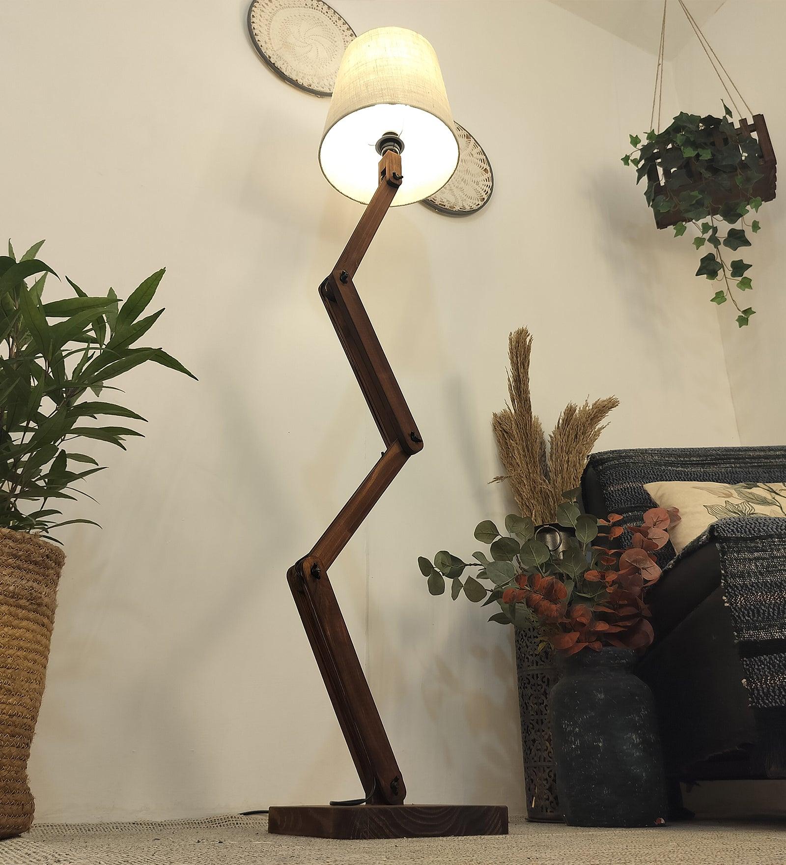 Flex Wooden Floor Lamp with Brown Base and Beige Fabric Lampshade - WoodenTwist