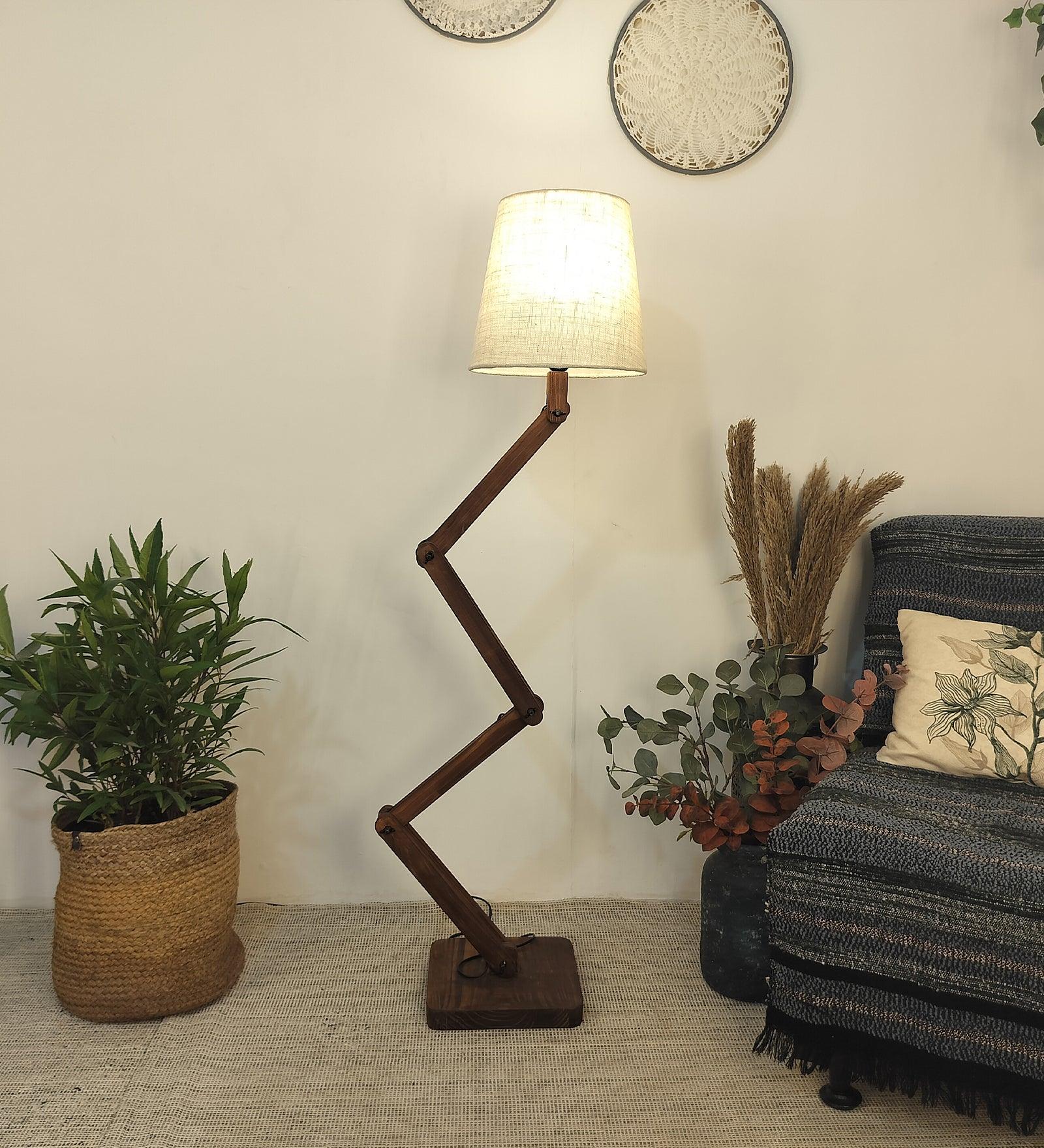 Flex Wooden Floor Lamp with Brown Base and Beige Fabric Lampshade - WoodenTwist