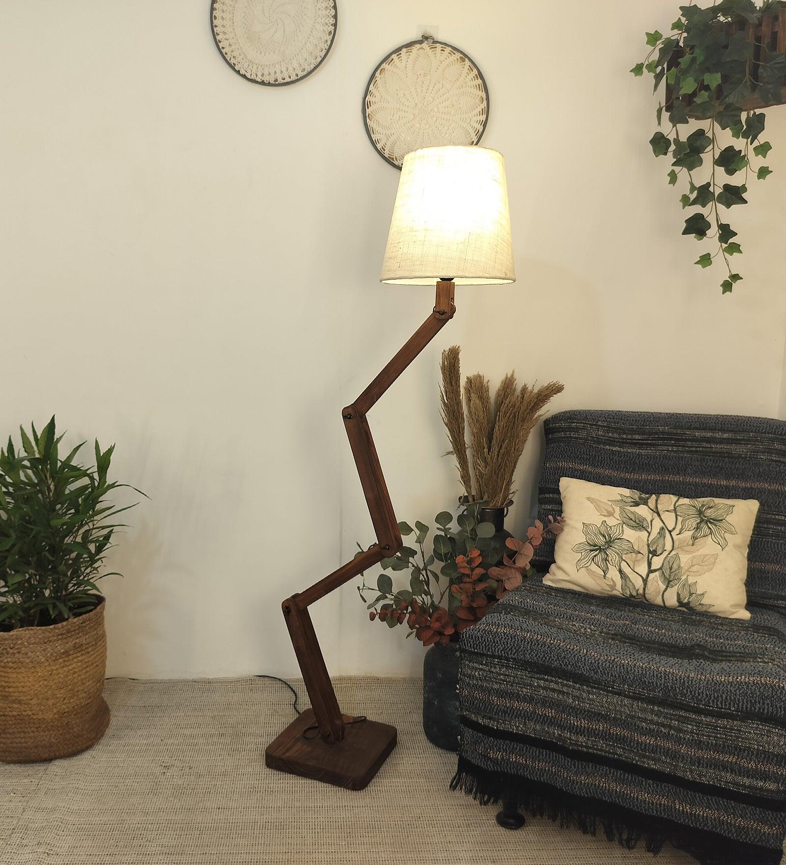 Flex Wooden Floor Lamp with Brown Base and Beige Fabric Lampshade - WoodenTwist