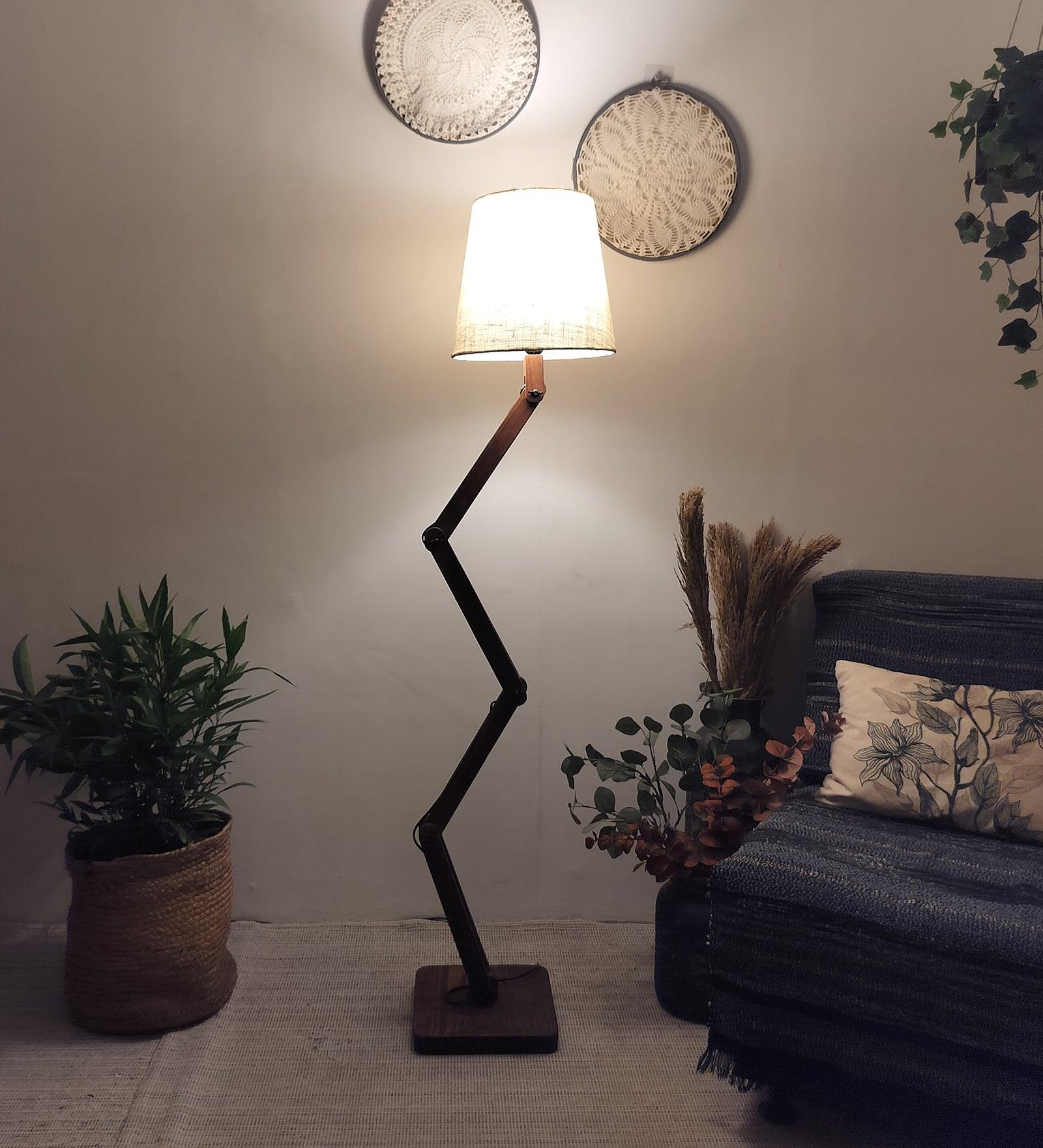 Flex Wooden Floor Lamp with Brown Base and Beige Fabric Lampshade - WoodenTwist