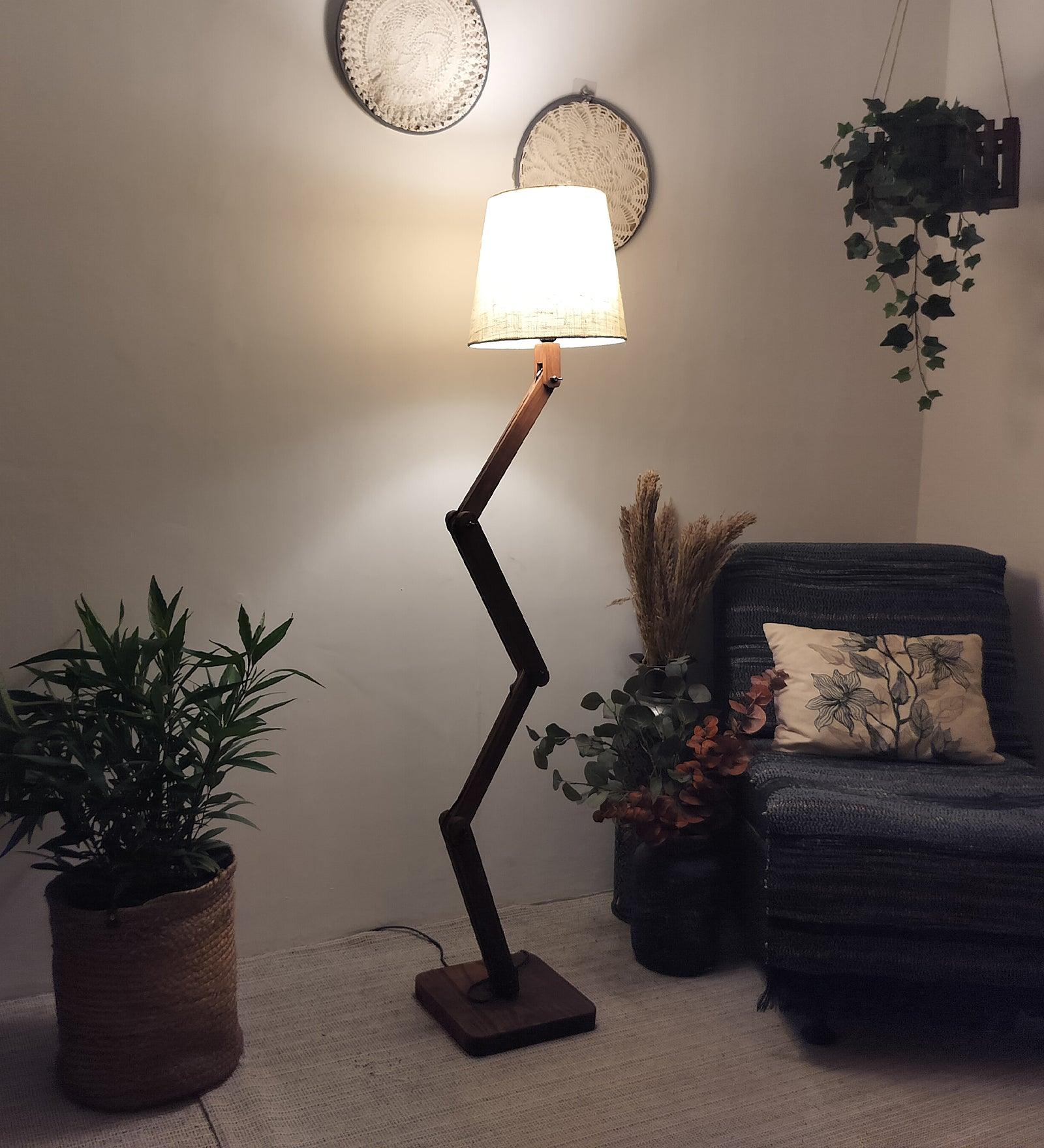 Flex Wooden Floor Lamp with Brown Base and Beige Fabric Lampshade - WoodenTwist