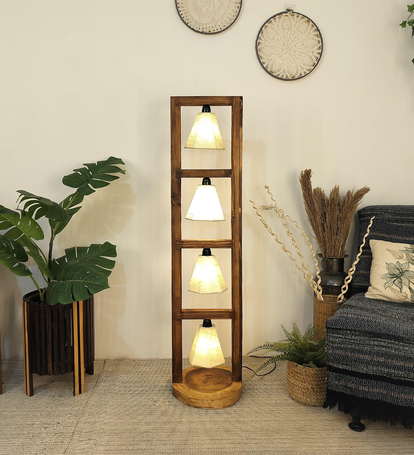 Florent Wooden Floor Lamp with Brown Base and Jute Fabric Lampshade - WoodenTwist