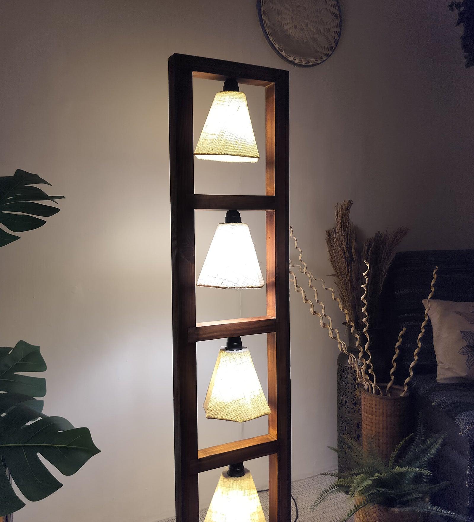 Florent Wooden Floor Lamp with Brown Base and Jute Fabric Lampshade - WoodenTwist