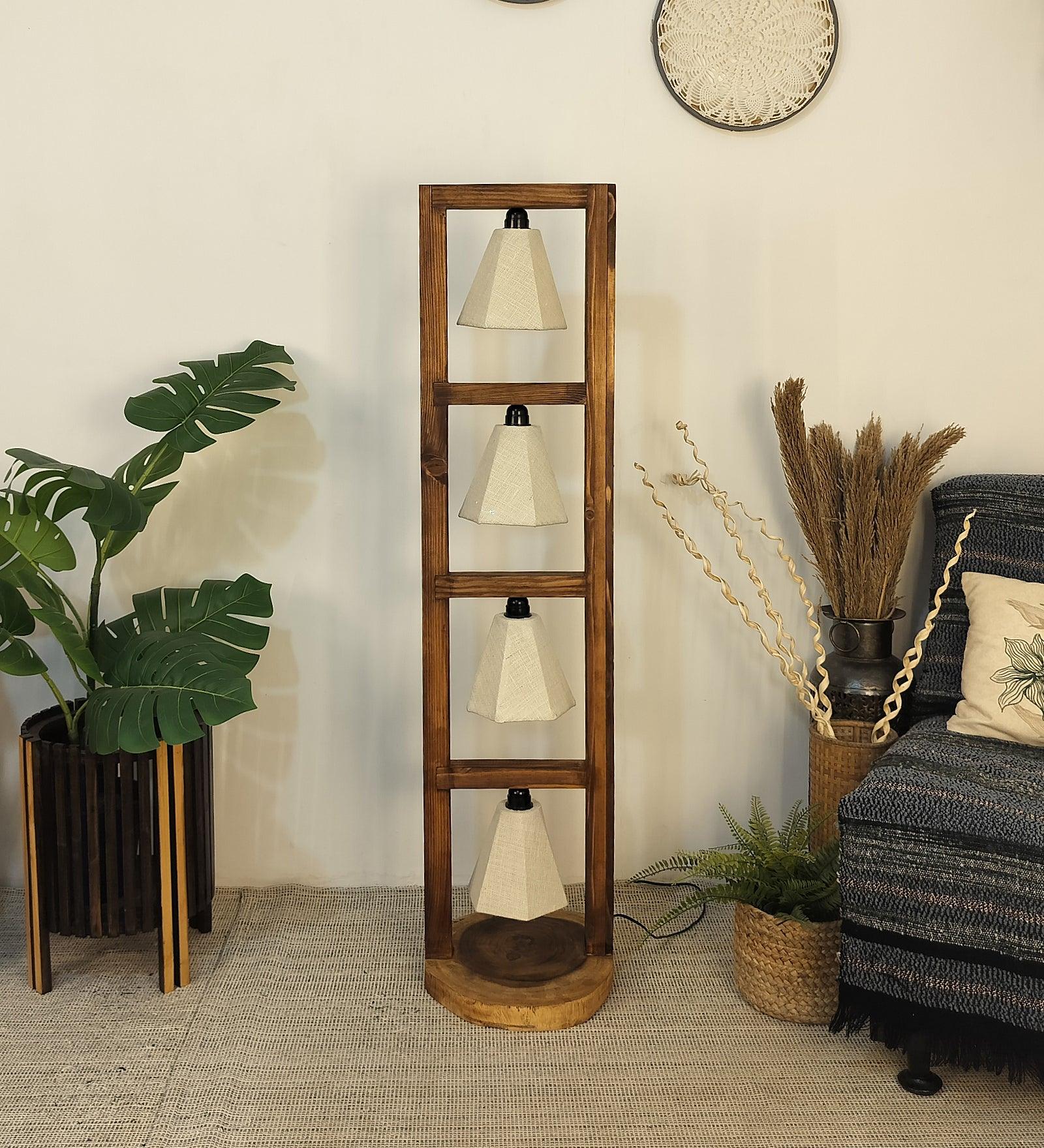 Florent Wooden Floor Lamp with Brown Base and Jute Fabric Lampshade - WoodenTwist