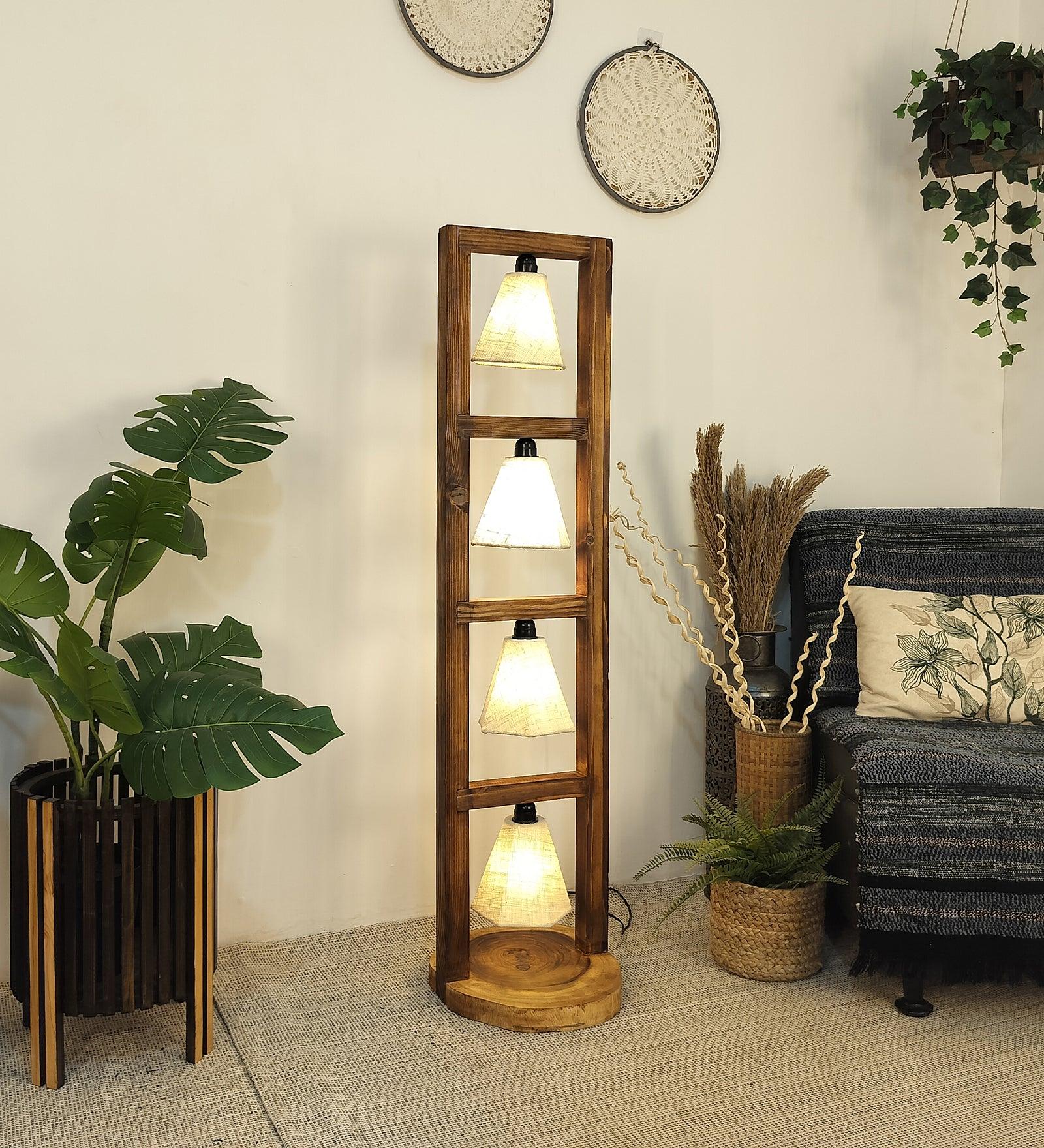 Florent Wooden Floor Lamp with Brown Base and Jute Fabric Lampshade - WoodenTwist